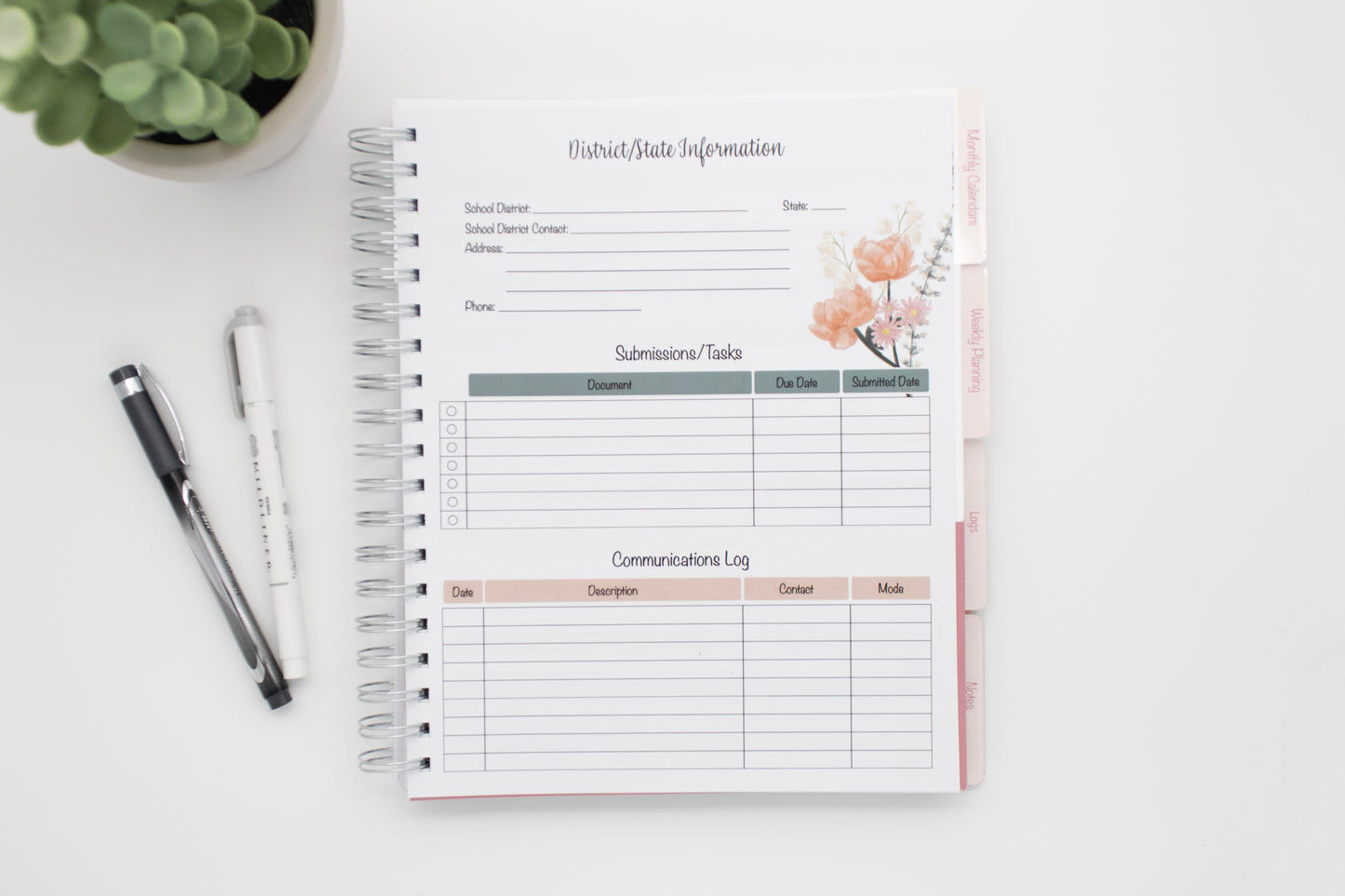 Homeschool Planner, Dark Rose Floral